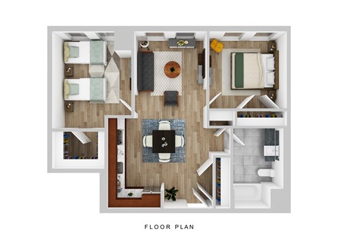 Floor plan for 2 beds, 1 bath, 985 sqft